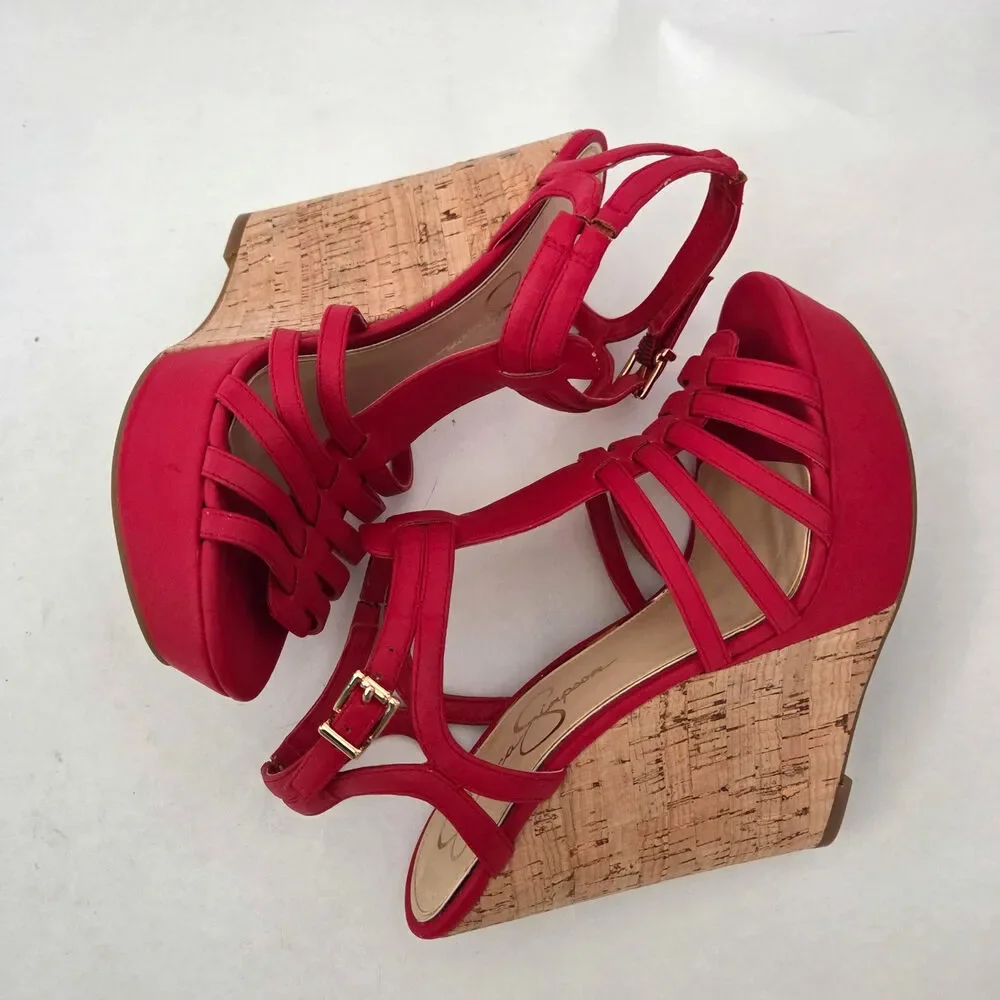 Jessica Simpson Brinlee Red Strappy Tall Cork Wedge Sandals Baddie Summer Sz 7.5